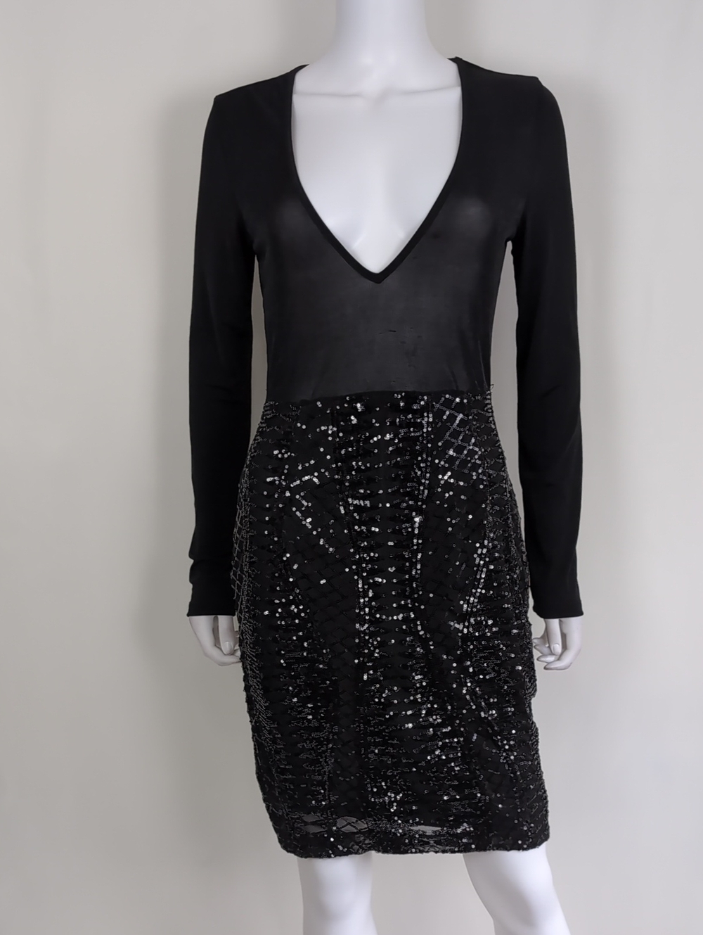 SHEIN Black Plunge Neck Sheer Long Sleeve Mini Fitted Sequin Dress Size Large